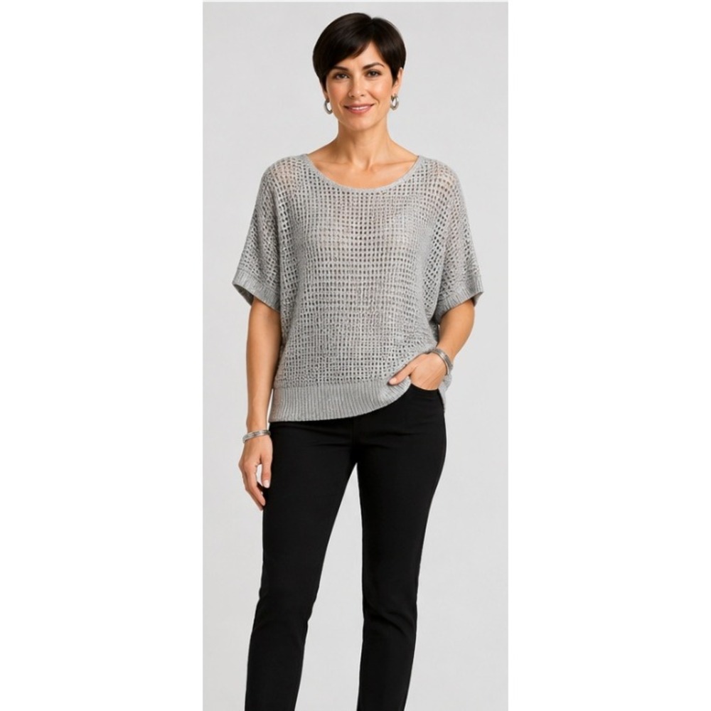 Elle Leading Lady Sweater Women S Grey Metallic Open Knit Dolman Sleeve